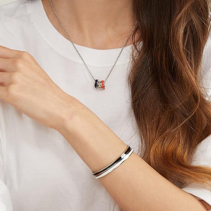 Minimalist Stainless Steel Cuff Bangle Bracelet for Women & Men – Adjustable Enamel Slim Oval Bracelet, Simple Everyday Jewelry Gift Box (Solid BR)