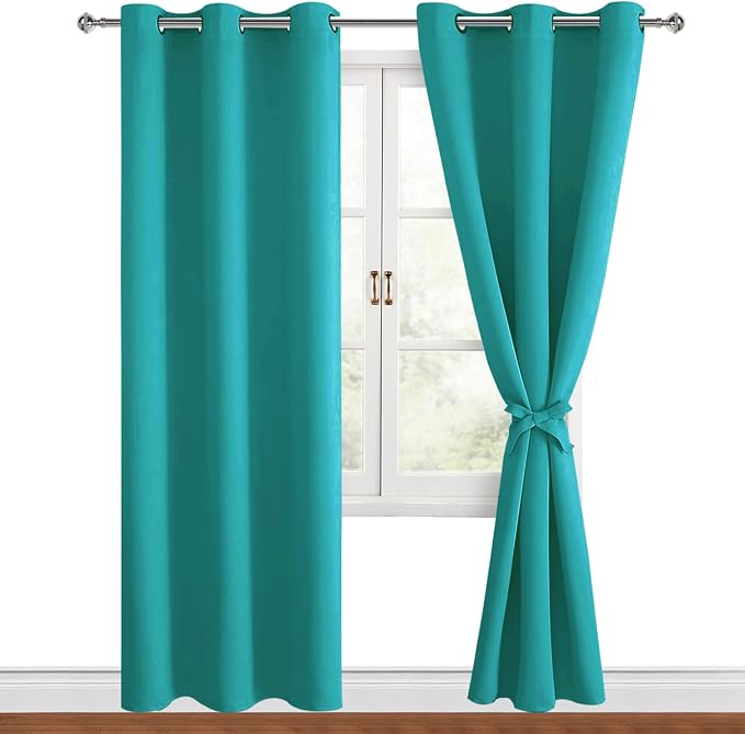Hiasan Blackout Curtains for Bedroom, 38 x 84 Inches Long - Thermal Insulated & Energy Saving Window Curtains for Living Room, 2 Drape Panels Sewn with Tiebacks, Peacock Teal