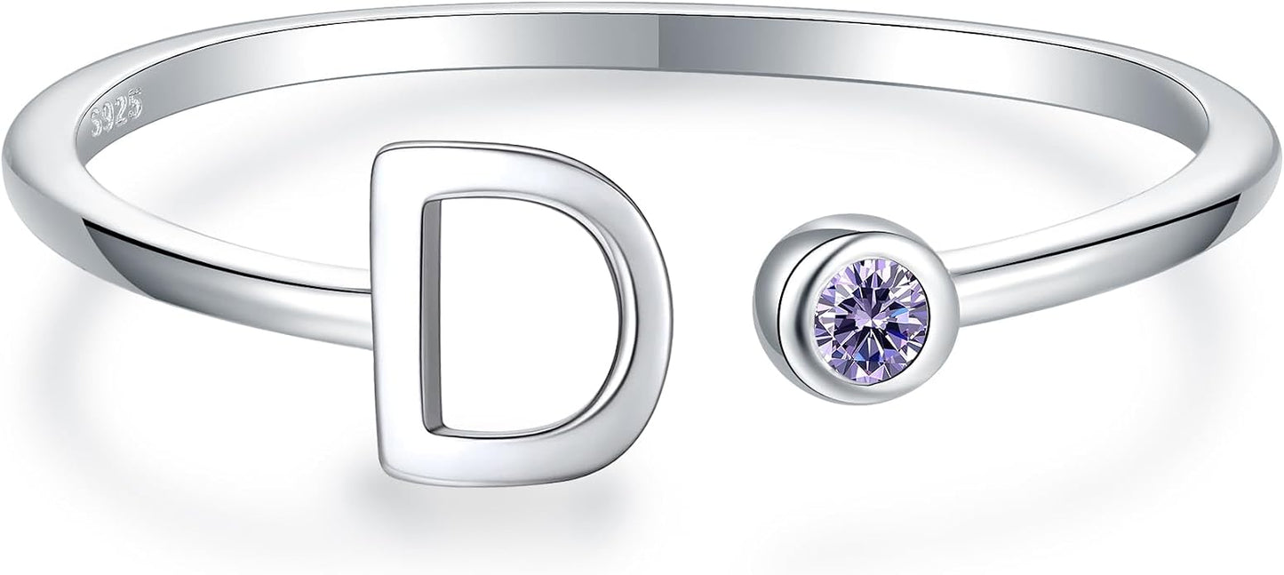 925 Sterling Silver Initial Letter Birthstone Rings for Women Adjustable 1-12 Month Birthstone Alphabet Stacking Ring for Teens Girls Stackable Birthstone Rings Birthday Jewelry Gift for Daughter Mom