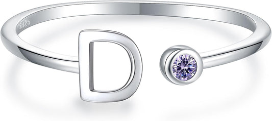 925 Sterling Silver Initial Letter Birthstone Rings for Women Adjustable 1-12 Month Birthstone Alphabet Stacking Ring for Teens Girls Stackable Birthstone Rings Birthday Jewelry Gift for Daughter Mom