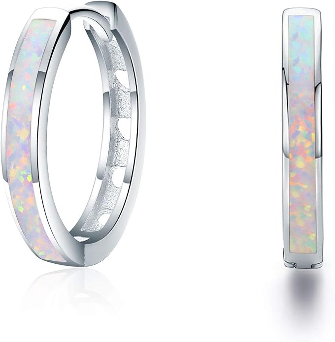 CUOKA MIRACLE 925 Sterling Silver Opal Hoop Earrings for Women - Opal Hinged Huggie Hoops, Hypoallergenic Small Hoop Earrings for Sensitive Ears, Dainty Everyday Jewelry Birthday Christmas Gift
