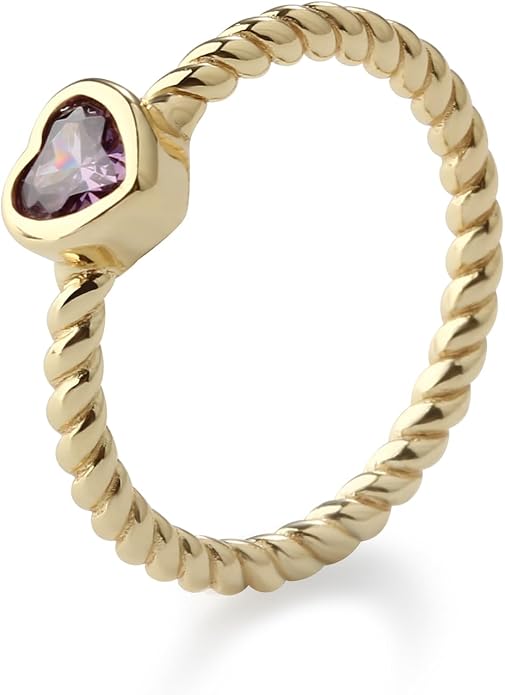 Precious Pieces 14K Gold Plated over .925 Sterling Silver Twisted Rope Band Baby Ring with Heart Birthstone CZ for Babies, Infants, Toddlers, Little Girls, Stackable or Pinky Ring for Teens and Women