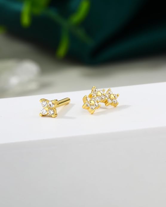COCHARM 14K Gold Plated Flat Back Cartilage Earrings Stud, 925 Sterling Silver Helix Earrings Stud, 16G Internally Thread Tragus Piercing Jewelry