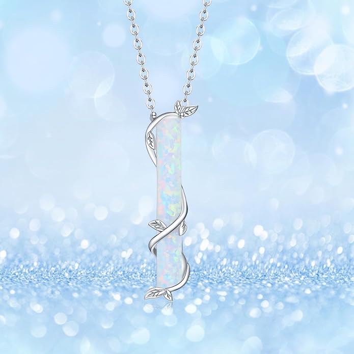 Bar Opal Leaf Necklace For Women S925 Sterling Silver White Opal Pendant with Leaf Charm Bar Pendant Jewelry Gift For Mom Daughter Wife