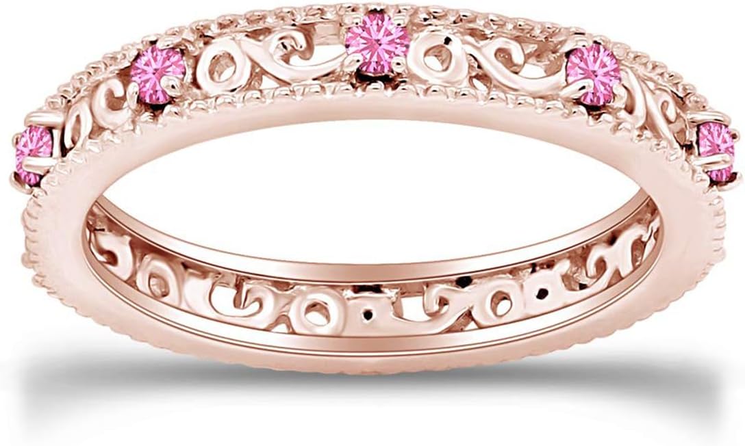 Jewel Zone US Filigree Eternity Wedding Band Ring for Women, Round Cut Simulated Gemstone Stackable Promise Ring in 14K Gold Plated 925 Sterling Silver Band Width 3.5mm – Elegant Jewelry for Her