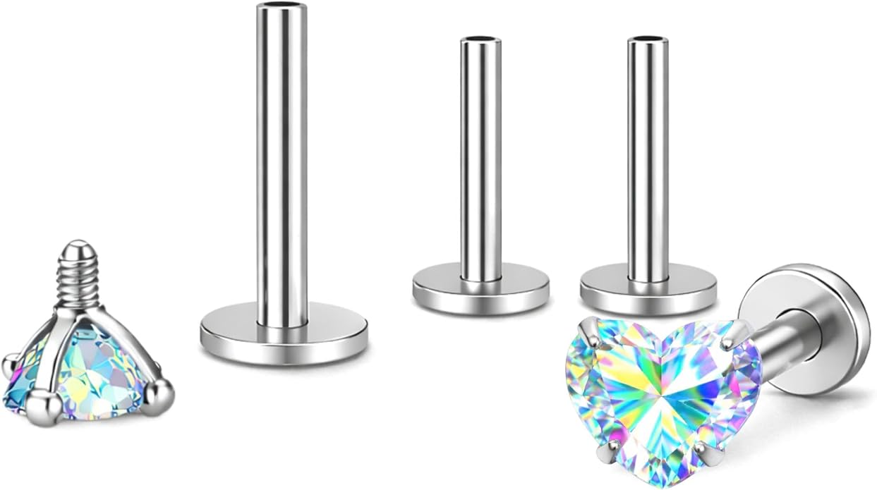 Titanium Heart CZ Labret Stud Earrings for Piercings by Ginger Lyne 6Pc Set G23 Screw Front Flat Back Body Jewelry 2 pair post 6mm, 8mm Cartilage, Helix, Tragus, Lip, Conch, Lobe