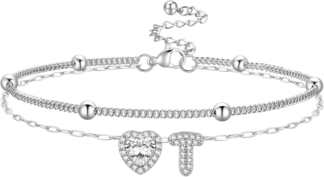 Bestyle Initial Anklet Bracelets for Women Waterproof Non Tarnish 14K Gold/White Gold Plated CZ Anklets for Women Dainty Layered Letter Heart Ankle Bracelets Adjustable Foot Chain Anklet