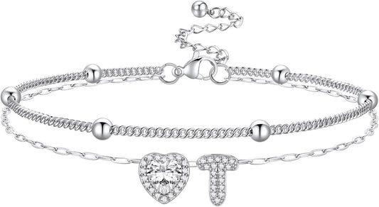 Bestyle Initial Anklet Bracelets for Women Waterproof Non Tarnish 14K Gold/White Gold Plated CZ Anklets for Women Dainty Layered Letter Heart Ankle Bracelets Adjustable Foot Chain Anklet