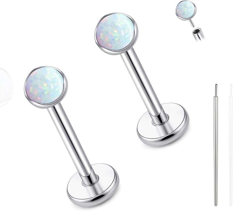 limerencia 18G Hypoallergenic Titanium Opal Threadless Nose Stud Earrings, 2PC Flat Back Push in Stud Earrings Labret Medusa Monroe Helix Cartilage Tragus Conch Piercing Jewelry for Women Men