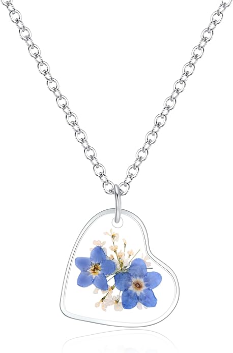 AUNTESIGN Forget-Me-Not and Queen Anne's Lace Pressed Wildflower Necklace | Birth Month Flowers Necklace | Gold/Silver Pressed Flower Jewelry | Mother's Day | Gift For Her