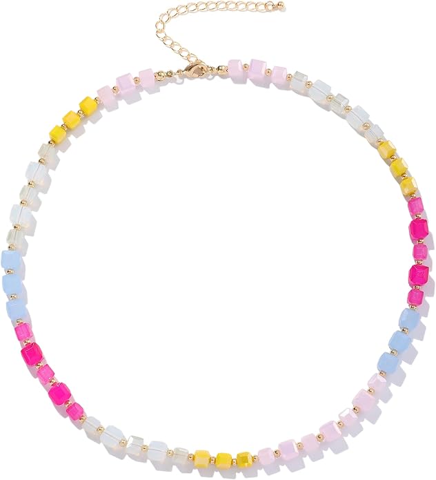 LALAPPLE Colorful Beaded Gemstone Necklace for Women, Boho Rainbow Bead Choker with Natural Stone Crystal Beads, Handmade Summer Beach Necklace Jewelry