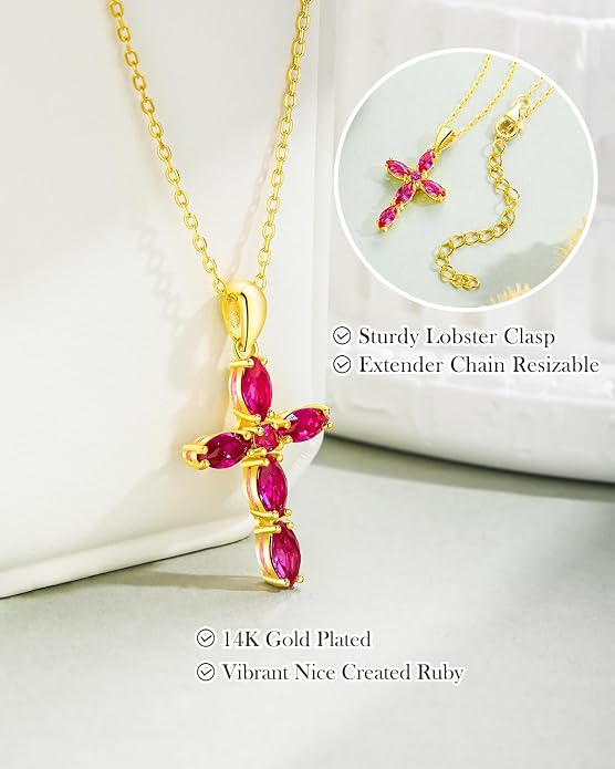 14K Gold Plated 925 Sterling Silver Birthstone Cross Necklace for Women Men