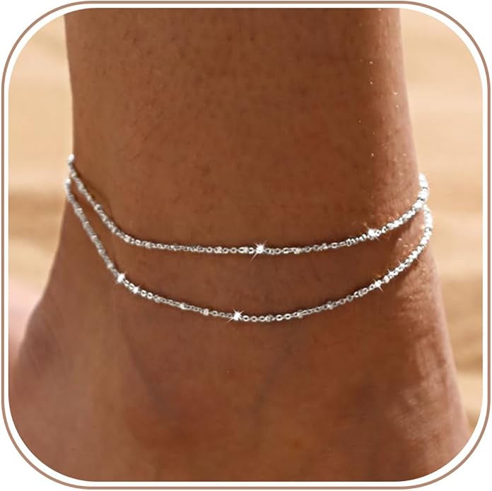 Silver/Gold Anklets for Women, Sterling Silver Evil Eye Ankle Bracelets for Women Trendy Dainty Waterproof Anklets Set Adjustable Layered Anklet Bracelets for Women Silver Jewelry Gift