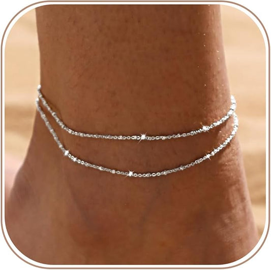 Silver/Gold Anklets for Women, Sterling Silver Evil Eye Ankle Bracelets for Women Trendy Dainty Waterproof Anklets Set Adjustable Layered Anklet Bracelets for Women Silver Jewelry Gift