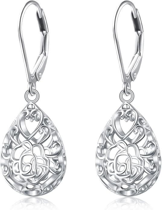 925 Sterling Silver Filigree Dangle Drop Earrings Daisy/Lotus/Rose Flower/Moonstone Leverback Teardrop Earrings for Women Infinity Celtic Knot Daisy Lotus Jewelry for Mothers Day