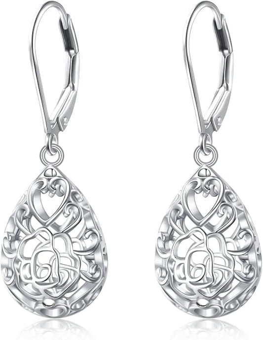 925 Sterling Silver Filigree Dangle Drop Earrings Daisy/Lotus/Rose Flower/Moonstone Leverback Teardrop Earrings for Women Infinity Celtic Knot Daisy Lotus Jewelry for Mothers Day