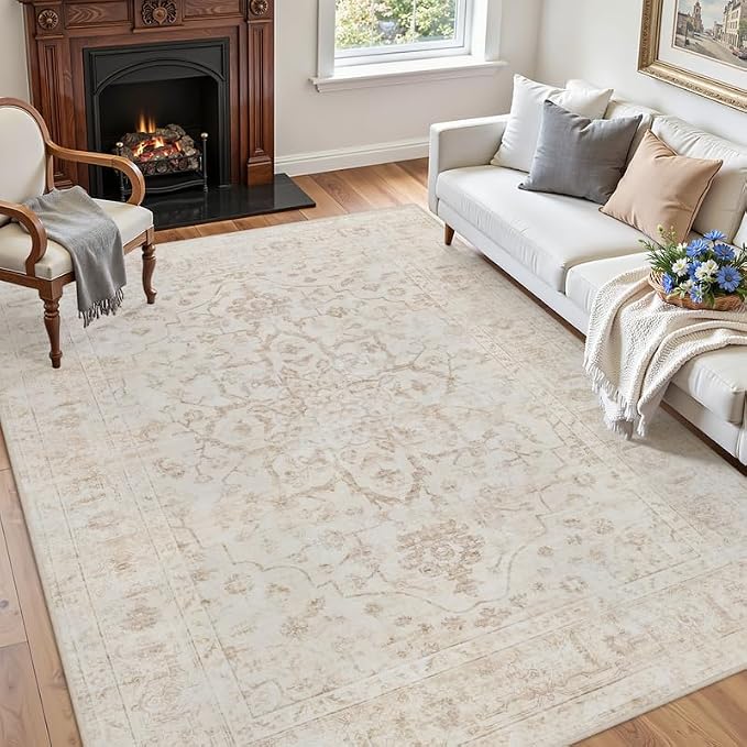 5x7 Area Rugs for Living Room: Vintage Boho Neutral Washable Rug Indoor Soft Large Area Rug Carpet for Bedroom Nursery Farmhouse Dining Room Office Floor Non-Slip Low Pile Under Table Rug Warm Beige