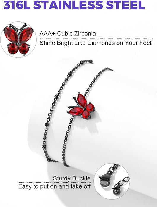 Richsteel Double Layer Heart/Butterfly Birthstone Anklet for Women Non Tarnish Waterproof, Silver/Gold/Black Stainless Steel 8.5-10.5 Inch Adjustable Chain Anklets Jewelry Gifts for Her