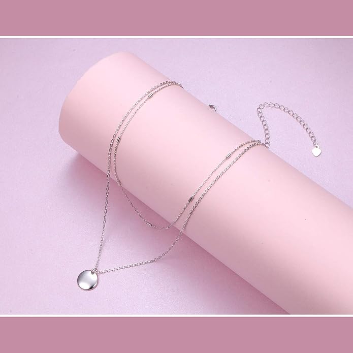 FLYOW Layered Choker Necklace S925 Sterling Silver Star Full Moon Daisy Flower Pendant Disc Jewelry Adjustable Clavicle Necklaces for Women Girls Birthday Gifts