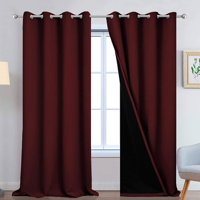 Yakamok Burgundy Red Blackout Curtains 108 Inches Long for Bedroom 52" Wide | Blackout Curtain Panels for Bedroom, 2 Thick Layers Grommet Top Thermal Insulated Drapes with Black Liner for Living Room