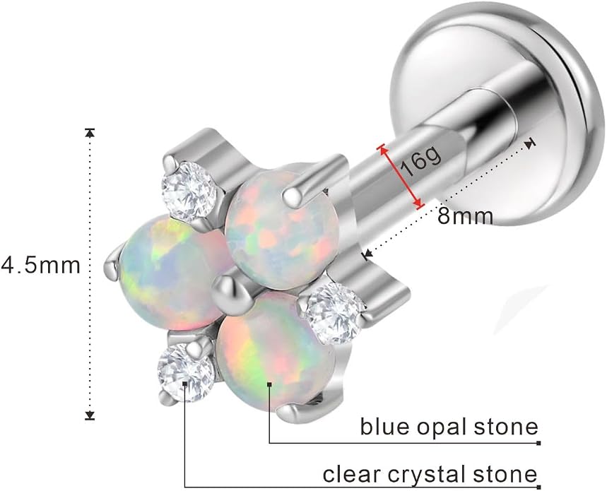16G Internally Threaded Titanium Opal Flower Labret Tragus Stud, Monroe Lip Ring Helix Piercing Jewelry