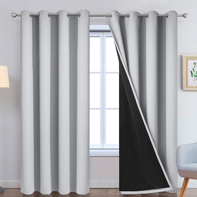 Yakamok Light Grey 100% Blackout Curtains 84 Inches Long 52" Wide 2 Panel | Blackout Curtain Panels for Bedroom, 2 Thick Layers Grommet Top Thermal Insulated Drapes with Black Liner for Living Room