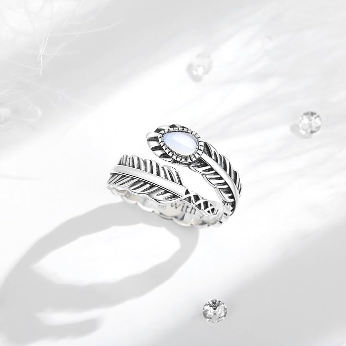 Vito 925 Sterling Silver Adjustable Open Spoon Ring for Women Men, Lotus Sunflower Snake Spoon Band Rings Feather Hug Witches Knot Inspirational Jewelry Gift for Wife