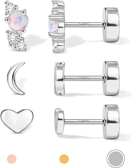 14K Gold Plated Solid 925 Sterling Silver Post Flat Back Earrings Stud | Cartilage Helix Conch Tragus Piercing Jewelry 3 Pairs Tiny Screw Dainty CZ Opal Earring Set Men Women