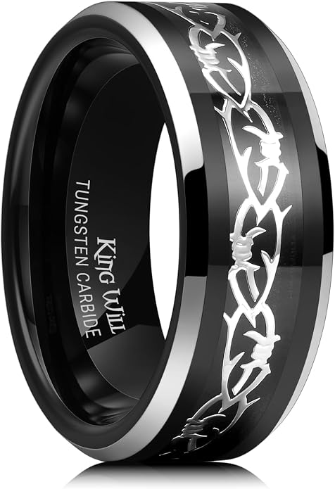 King Will Mens 8mm Black Silver Tungsten Rings, Men's Wedding Rings Fishing Line Inlay Beveled Edge Ring for Men Women, Comfort Fit, Durable