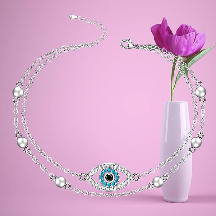 Fenthring Evil Eye Anklet Sterling Silver Protection Turkish Blue Eyes Ankle Bracelets Anklets for Women Chain Jewelry
