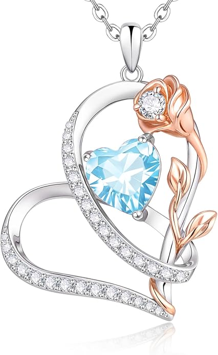 Rose Heart Birthstone Necklace for Women - Dainty 925 Sterling Silver Necklaces for Women Trendy CZ Pendant Necklace Jewelry Birthday Anniversary Christmas Gifts for Girlfriend Mom Lady Daughter