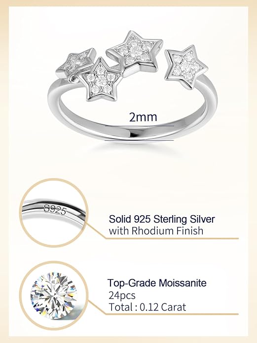 Moissanite Flower/Butterfly/Star Pretty Open Ring for Women, Adjustable Ring, Solid 925 Sterling Silver with Gold Plated, Stackable Ring, Birthday Valentines Anniversary Mothers Day Ideal Gift for Her