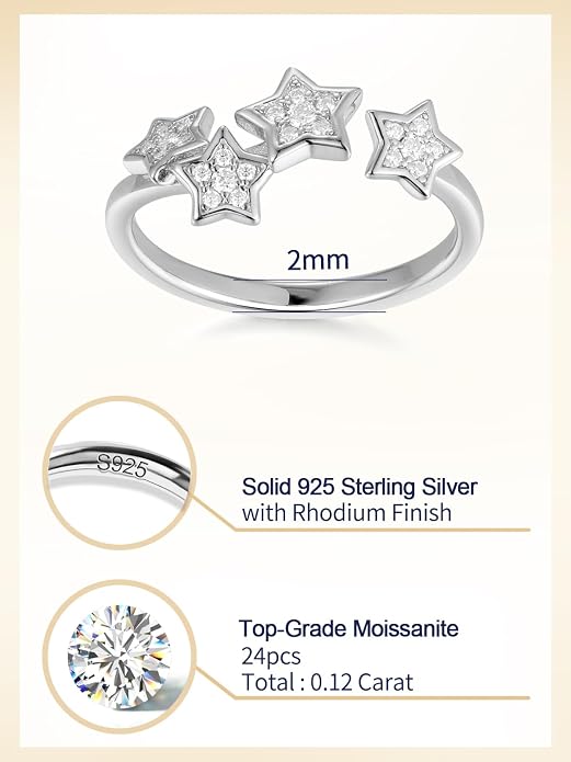 Moissanite Flower/Butterfly/Star Pretty Open Ring for Women, Adjustable Ring, Solid 925 Sterling Silver with Gold Plated, Stackable Ring, Birthday Valentines Anniversary Mothers Day Ideal Gift for Her