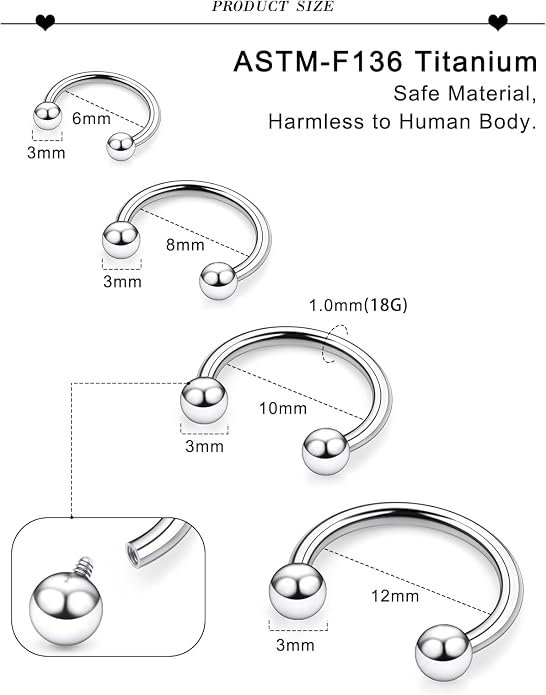 20G 18G 16G 14G 12G 8G 6G 4G 2G ASTM F136 Titanium Internal Thread Horseshoe Septum Ring Jewelry Circular Barbell Helix Snug Tragus Rook Daith Cartilage Earring Lip Ring Piercing Jewelry