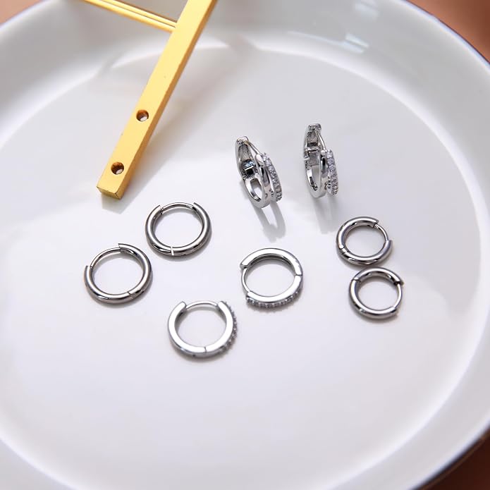 Stainless Steel Stud Earrings Set for Women Hypoallergenic Flat Back Cartilage Earrings Screw Back Huggie Hoop Earrings Multiple Piercing Cubic Zirconia Helix Tragus Jewelry