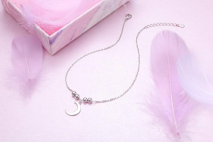 FLYOW S925 Sterling Silver Anklet for Women Summer Boho Beach Charm Adjustable Foot Ankle Bracelet Jewelry Birthday Gift