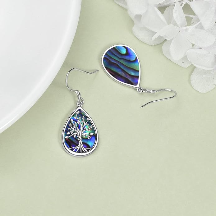POPLYKE 925 Sterling Silver Tree of Life Dangle Earrings for Women Fashion Abalone Shell Jewelry Gifts for Mom Sister Friend Birthday