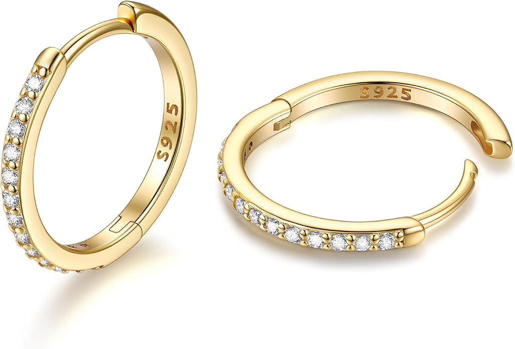 JustBeingCute 925 Sterling Silver Hoop Earrings for Women 14K Gold Plated Small Huggie Earrings Hypoallergenic Cubic Zirconia Cartilage Hoop Earring(8/10/12/14/16/18/20mm)