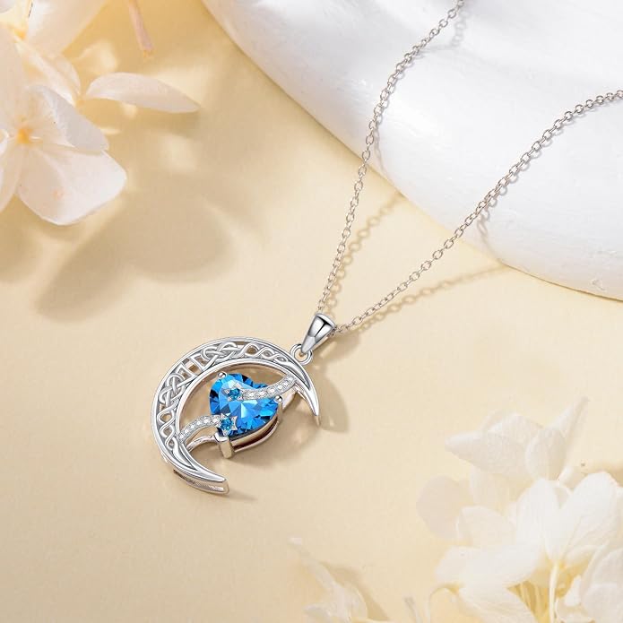 TOUPOP Moon and Star Birthstone Necklace for Women 925 Sterling Silver Celtic Moon Jewelry Birthday Mothers Day Gifts for Mom Wife Her