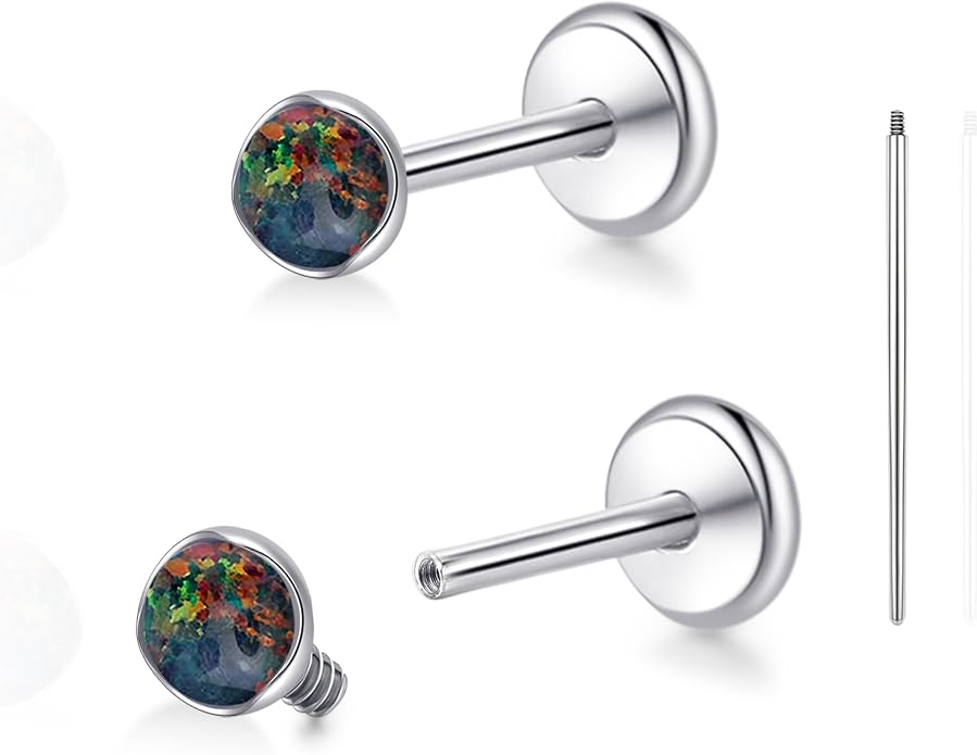 limerencia 18G Titanium Body Piercing Jewelry, G23 Hypoallergenic Flat Back Opal Internally Threaded Tragus Helix Cartilage Conch Medusa Nose Stud Earrings for Women Men(Silver,4MM Black)