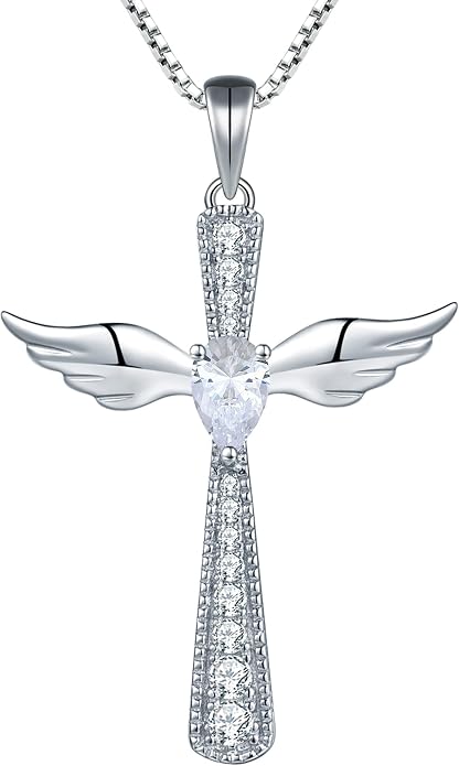 YL Cross Necklace 925 Sterling Silver Angel Wings Pendant Teardrop Birthstone Criss Jewelry for Women