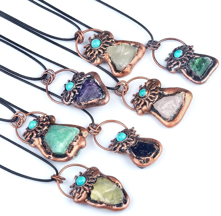 LE SKY 2Pcs Natural Raw Crystal Quartz Pendant Necklaces, Vintage Copper Wrapped Irregular Wire Gemstone Choker, Boho Sun Turquoise Healing Stone Jewelry Gifts for Women