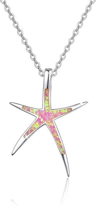 Cuoka Starfish Necklace, 925 Sterling Silver with Opal, Hawaiian Beach Nautical Ocean Pendant, Starfish Jewelry Opal Jewelry Valentine for Women Girlfriend