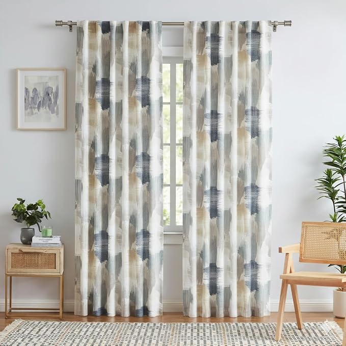 Kayne Studio Blue Tan Boho Semi Sheer Curtains for Living Room Watercolor Abstract Pattern Light Filtering Drapes, 84 Inches Long Colorful Window Panels,Backtab Rod Pocket,52W x 84L Brown,2 Panels