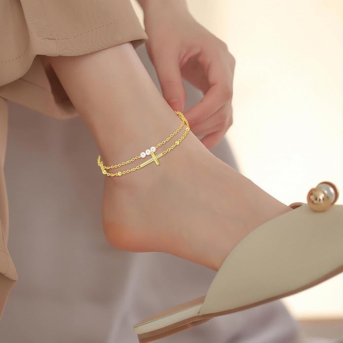 Palpitate Cross Anklet for Women Pearl Cross Ankle Bracelets 14K Gold Plated Adjustable Layered Foot Bead Chain for Women Beach Jewelry Christmas Gifts
