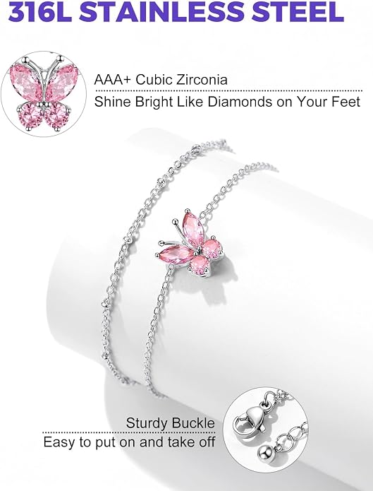 Richsteel Double Layer Heart/Butterfly Birthstone Anklet for Women Non Tarnish Waterproof, Silver/Gold/Black Stainless Steel 8.5-10.5 Inch Adjustable Chain Anklets Jewelry Gifts for Her