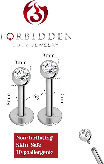 Forbidden Body Jewelry 16G-18G Internally Threaded Solid Titanium Tragus/Helix Earring/Labret Stud with CZ Ball Top
