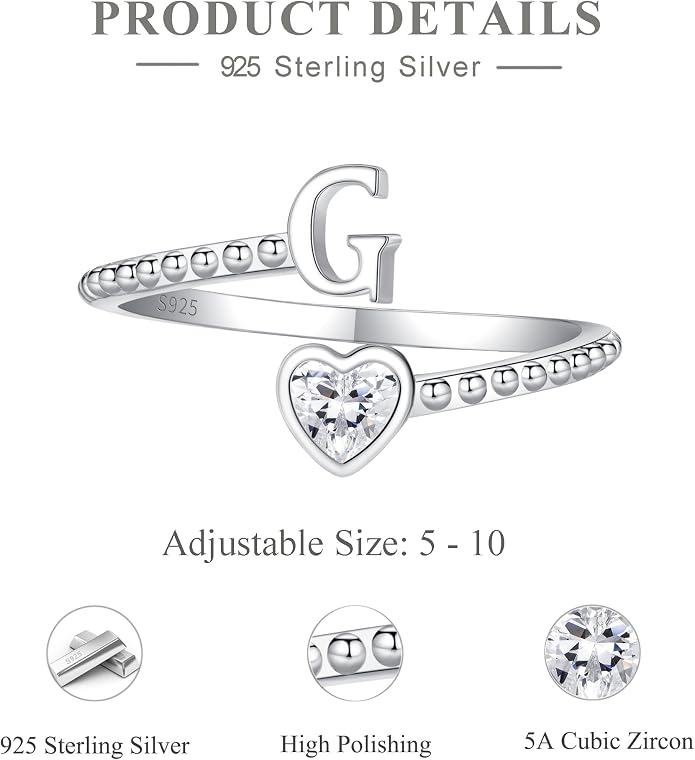 Step Forward 925 Sterling Silver Adjustable Initial Ring for Women | Non Tarnish Letter Rings for Lady | Alphabet Heart Thumb Rings | Capital Letter Jewelry Gifts