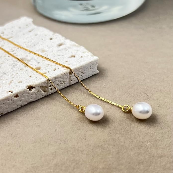 JaruJaru Vermeil Chain Freshwater Pearl Earrings for Women, Gold Threader Earrings, Gold plated on S925 Sterling Silver, Hypoallergenic Thread Through Dangle Earrings