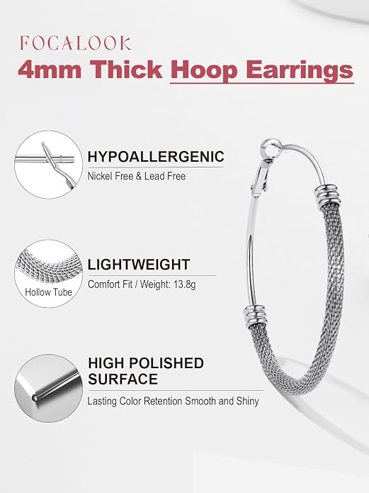 FOCALOOK 14K Gold Plated Hoop Earrings, Lightweight Hypoallergenic Large Stainless Steel Black Hoops Earrings for Women 20/30/40/50/60/70/80mm
